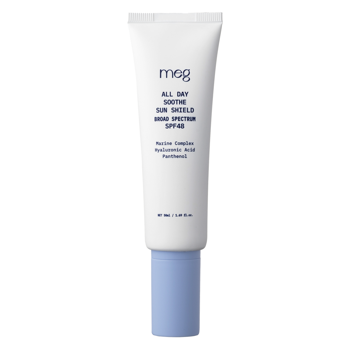 Meg all day soothe sun shield broad spectrum SPF48 tube packaging front view with transparent background