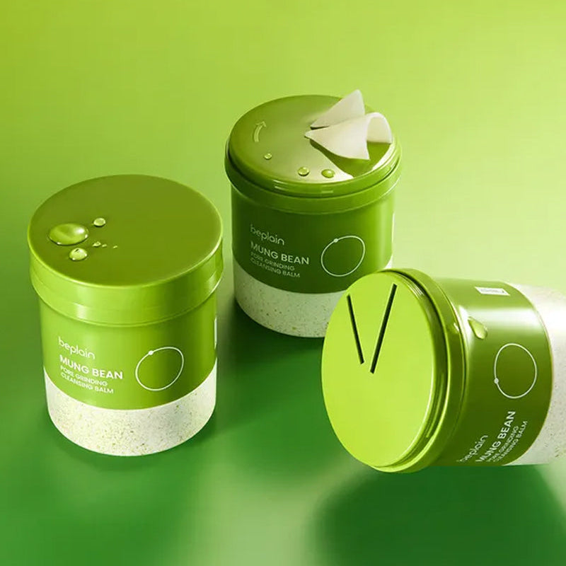 Three Beplain Mung Bean Pore Grinding Cleansing Balm 100ml containers displayed together, showing the twist-to-grind dispenser packaging design