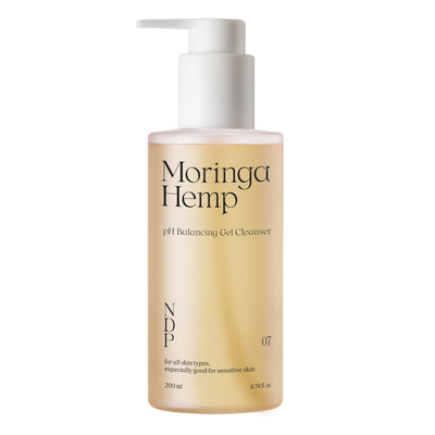 NDP Moringa Hemp pH Balancing Gel Cleanser 200ml jar front view on a transparent background