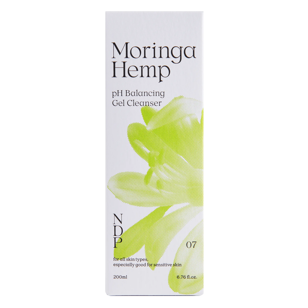 NDP Moringa Hemp pH Balancing Gel Cleanser 200ml packaging front view on a transparent background