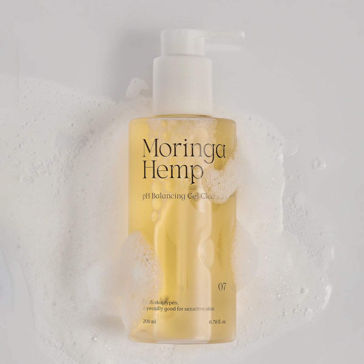 NDP Moringa Hemp pH Balancing Gel Cleanser shown with rich foam texture