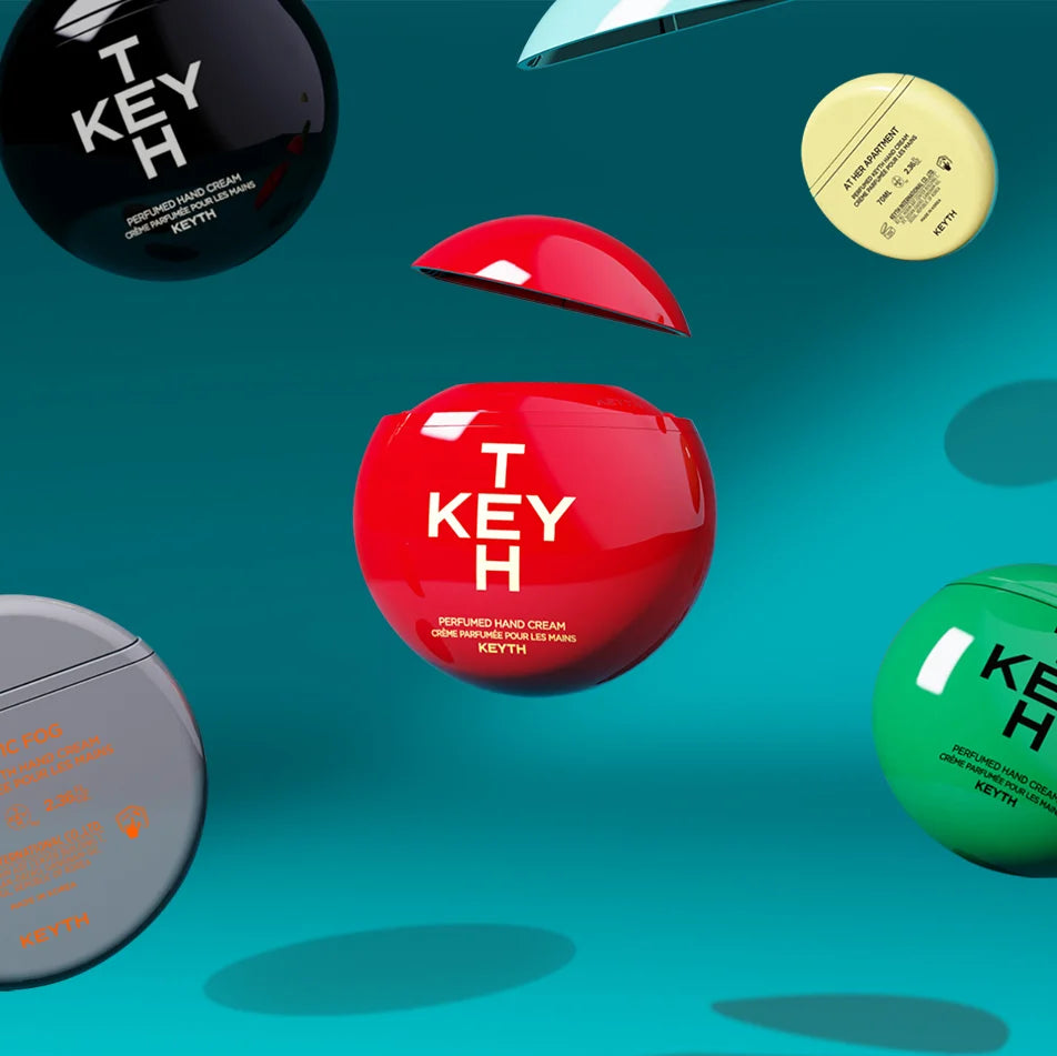 KEYTH Perfumed Hand Cream 70ml multiple scents floating in air with open caps