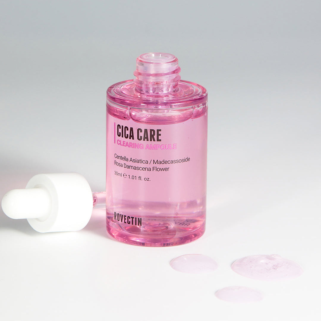 Rovectin Cica Care Clearing Ampoule open bottle with dropper and serum on surface