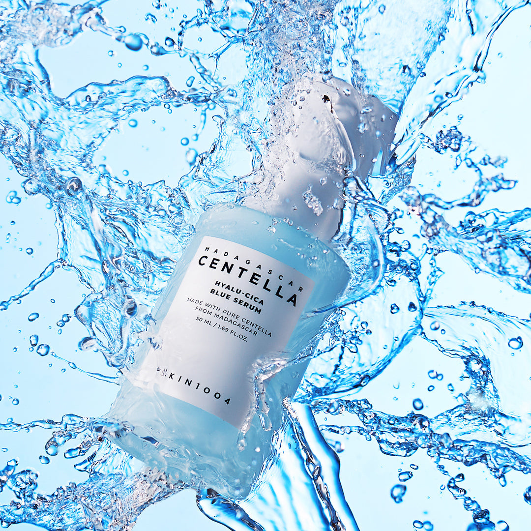 SKIN1004 Madagascar Centella Hyalu-Cica Blue Serum bottle submerged in water