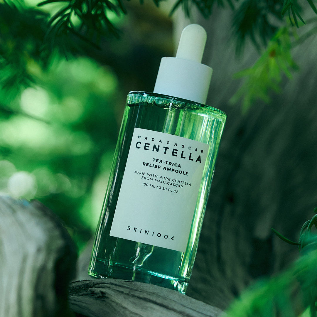 SKIN1004 Madagascar Centella Tea-Trica Relief Ampoule bottle placed on tree